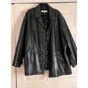 Perry Ellis Heavy Leather Jacket XL  Quilted Lining Tortoise Shell Buttons